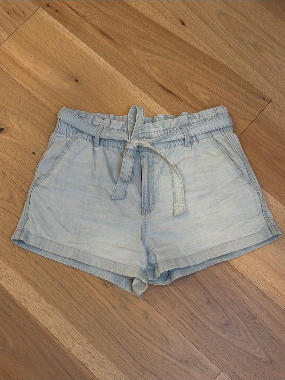American Eagle Outfitters Light Wash High-Waist Paperbag Tie Shorts